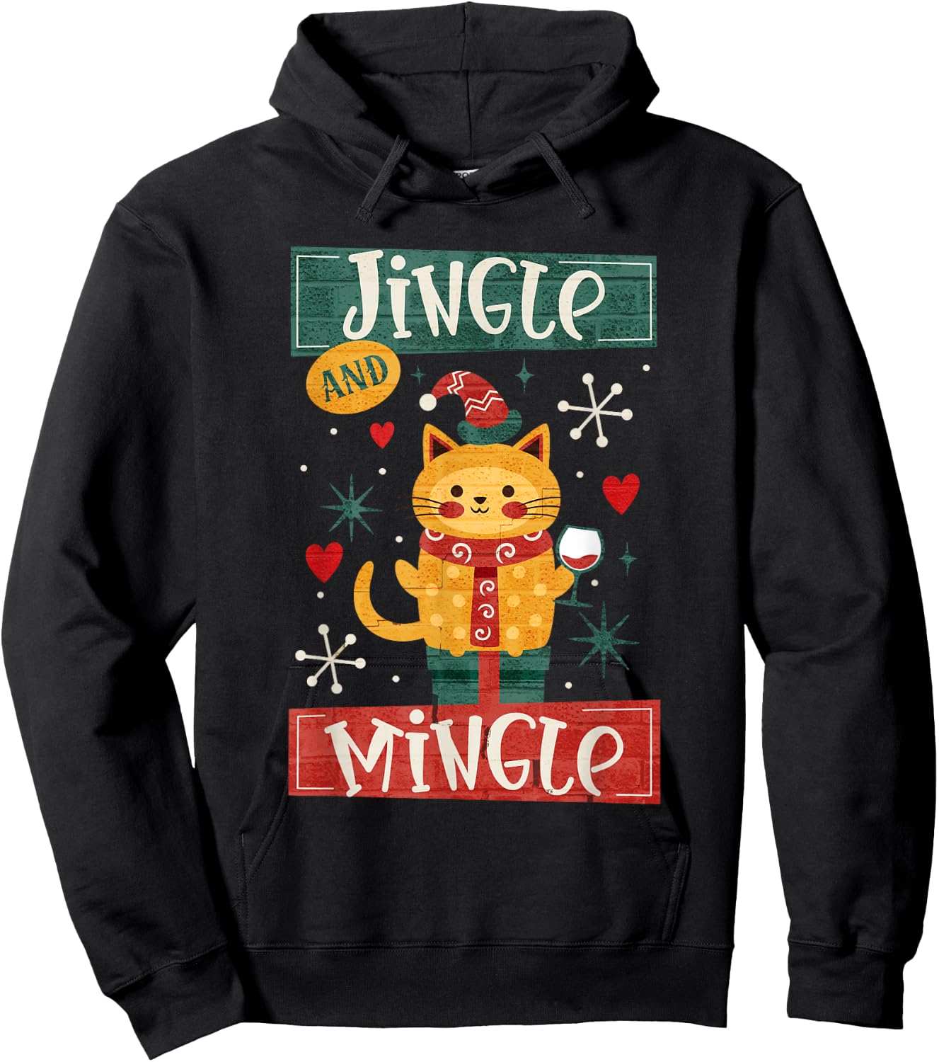 Jingle & Mingle Christmas Holiday Cat Party Wine Adult Hoodie - Hoodie | Black
