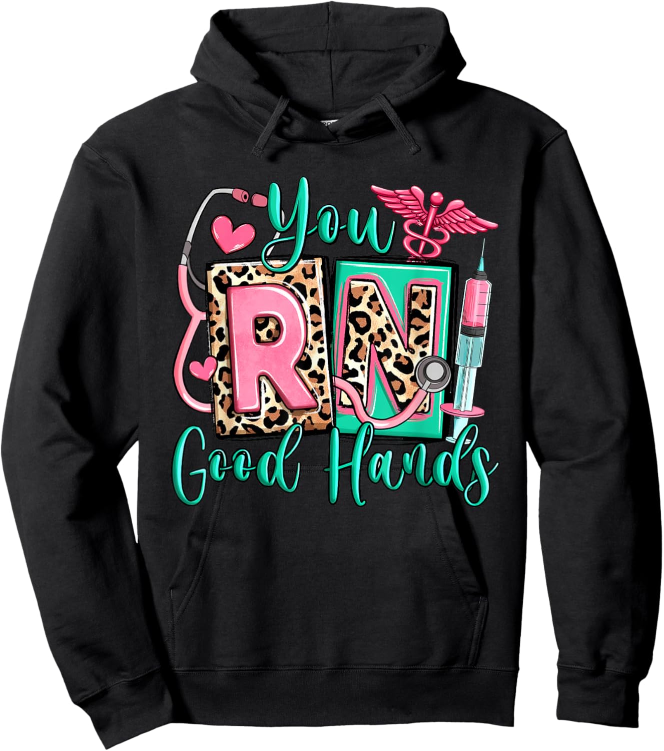 You RN Good Hands Registered Nurse, Cute Leopard Nurse Life Hoodie - Hoodie | Black