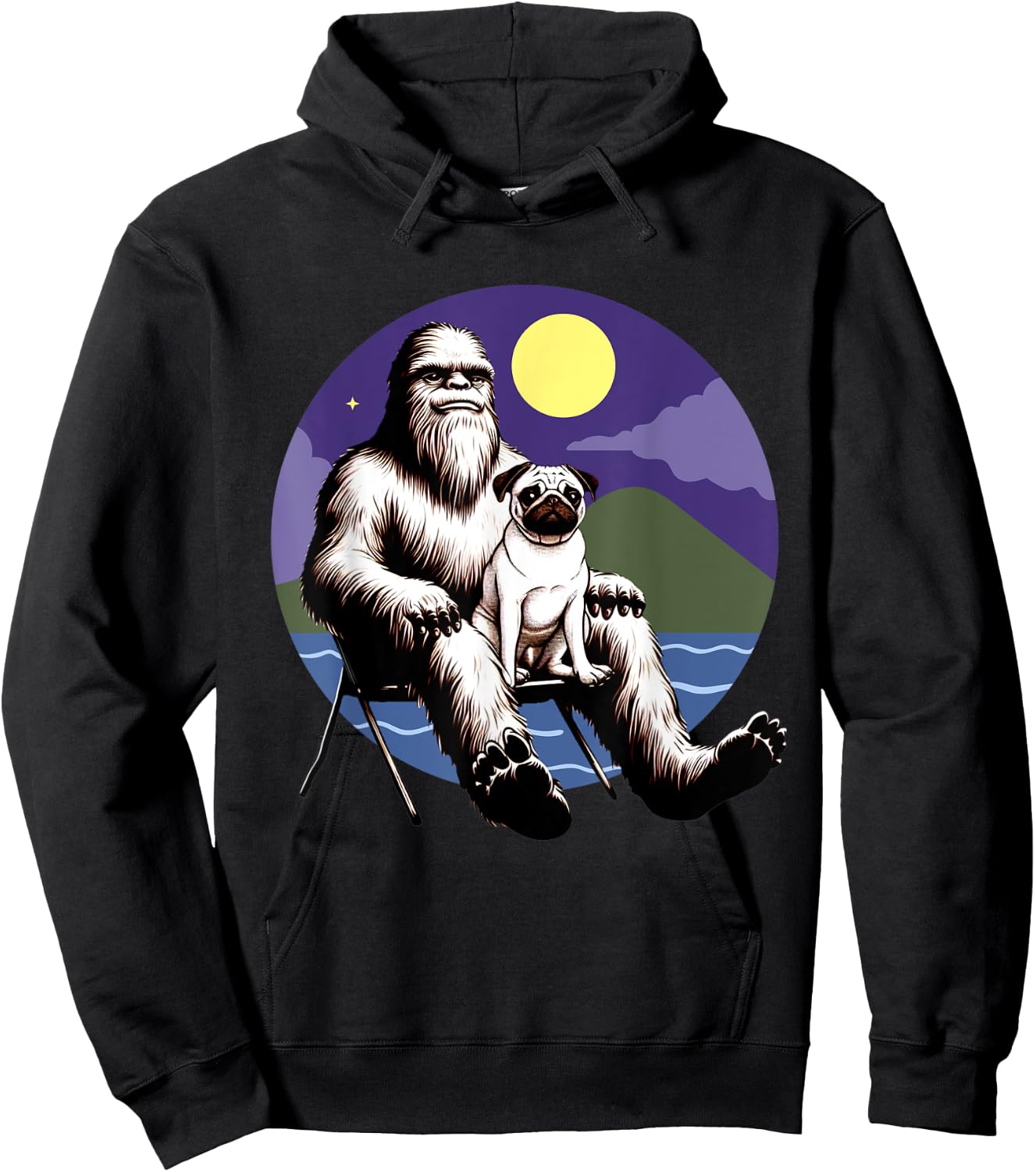 Bigfoot And Pug Dog Sasquatch Dog Owners Lovers Design Hoodie - Hoodie | Black