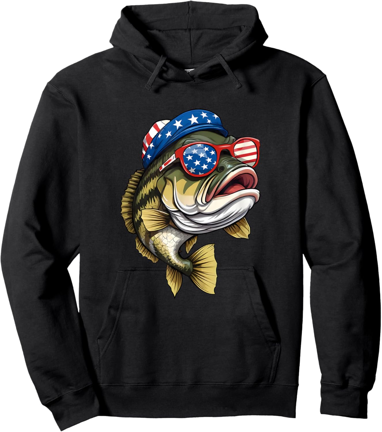 Bass Fish 4th Of July American US Flag Patriotic Fishing Hoodie - Hoodie | Black