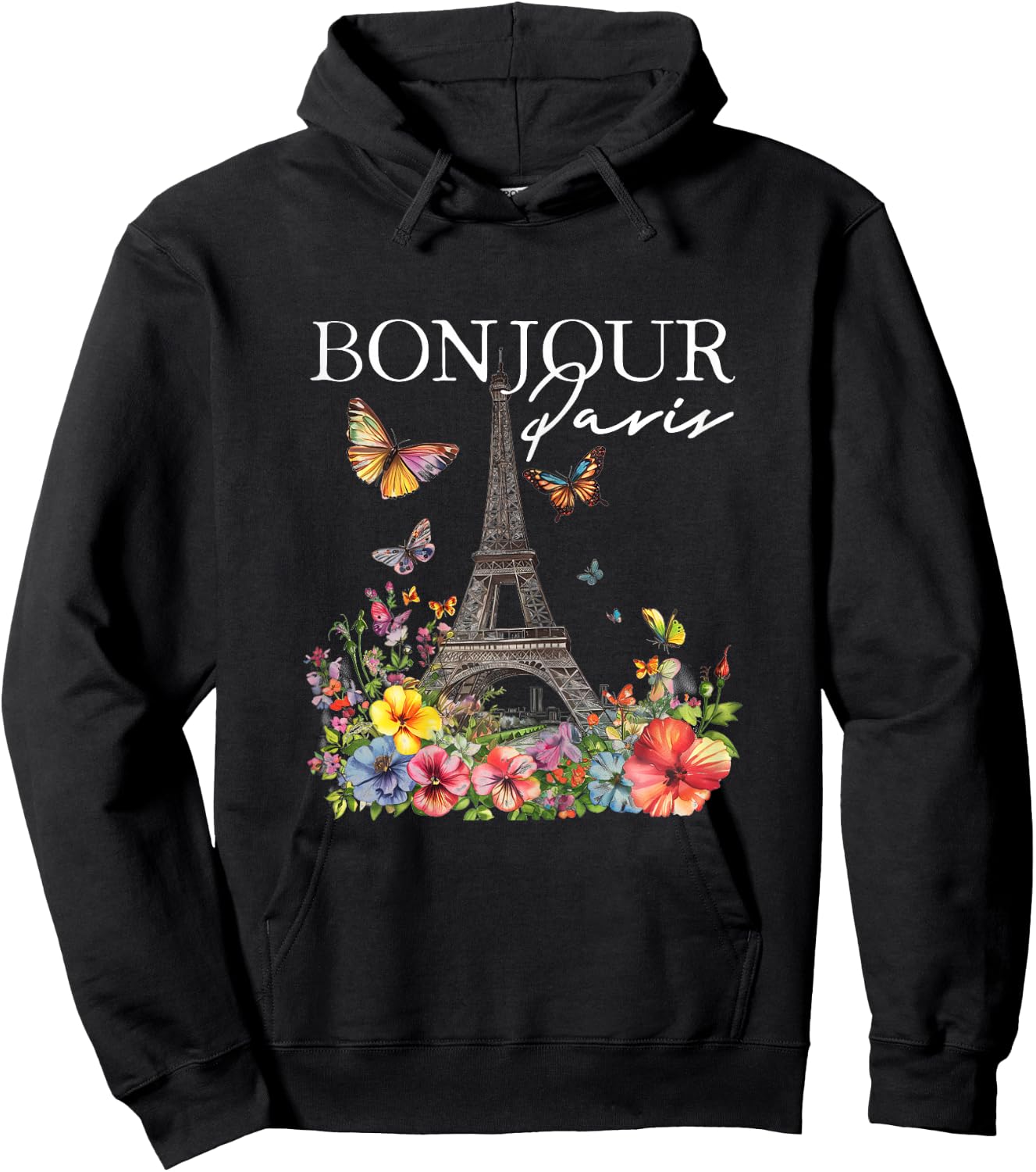 Bonjour Paris Floral Eiffel Tower France French Souvenirs Hoodie - Hoodie | Black