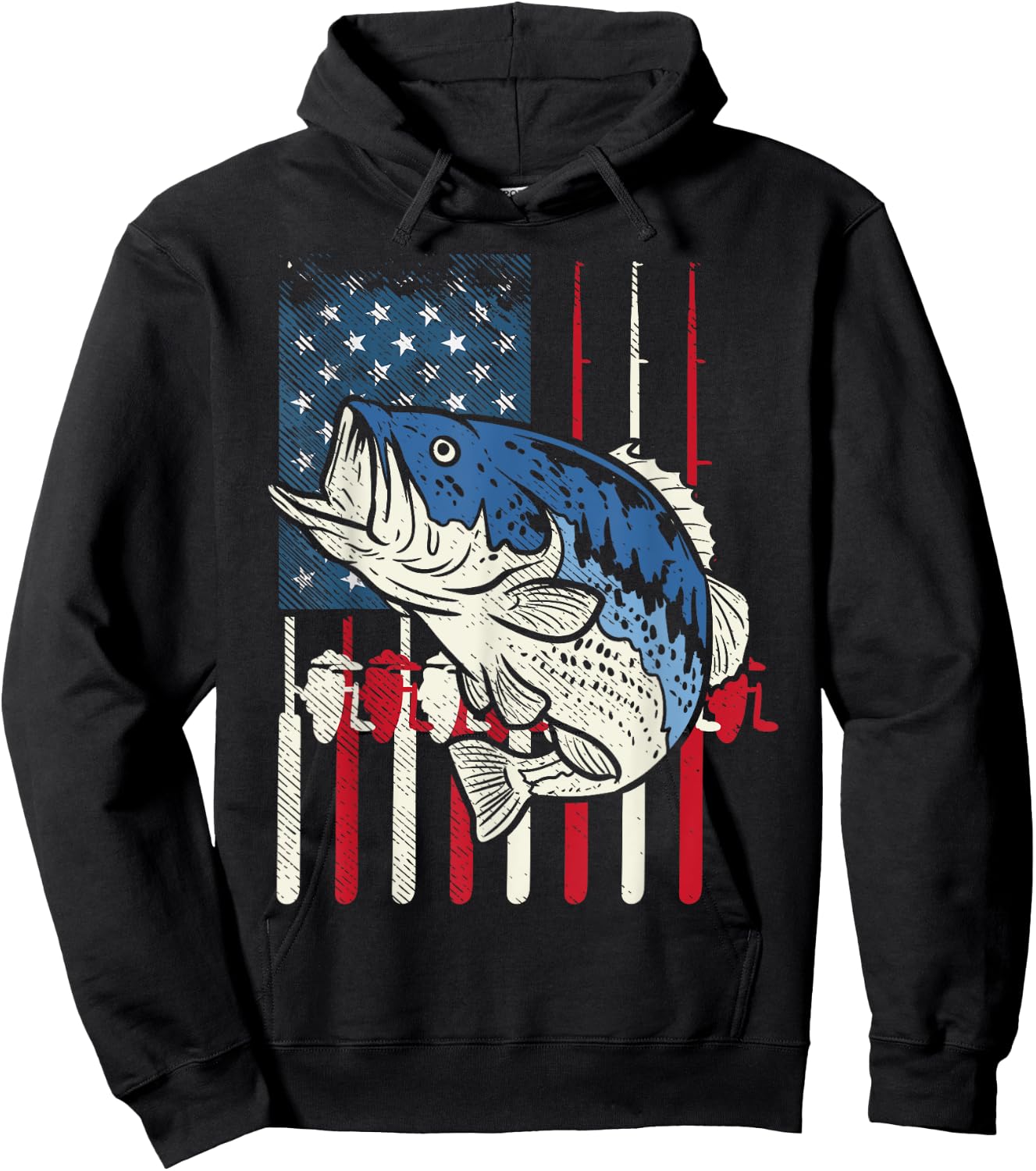 Bass Fish US American Flag Patriotic Fishing Fisherman Gift Hoodie - Hoodie | Black