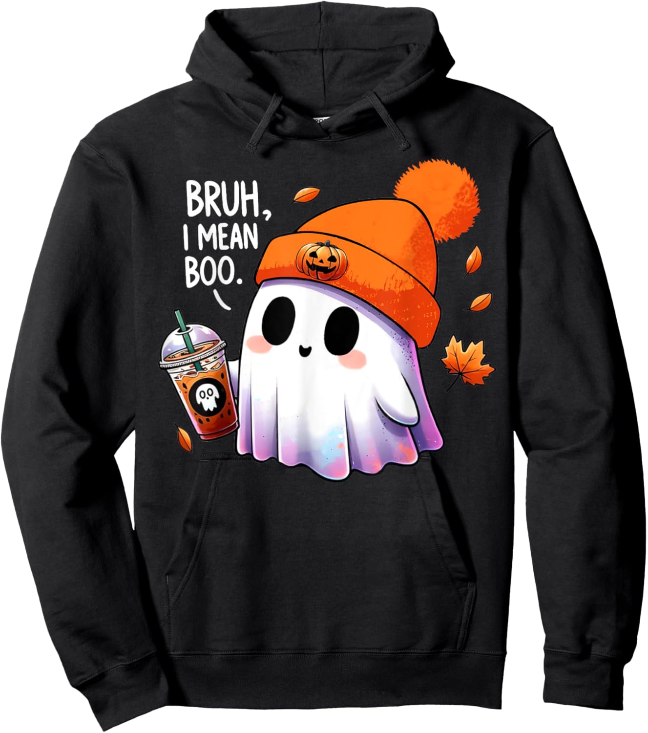 Bruh, I Mean Boo Cute Halloween Ghost Drinking Latte Coffee Hoodie - Hoodie | Black