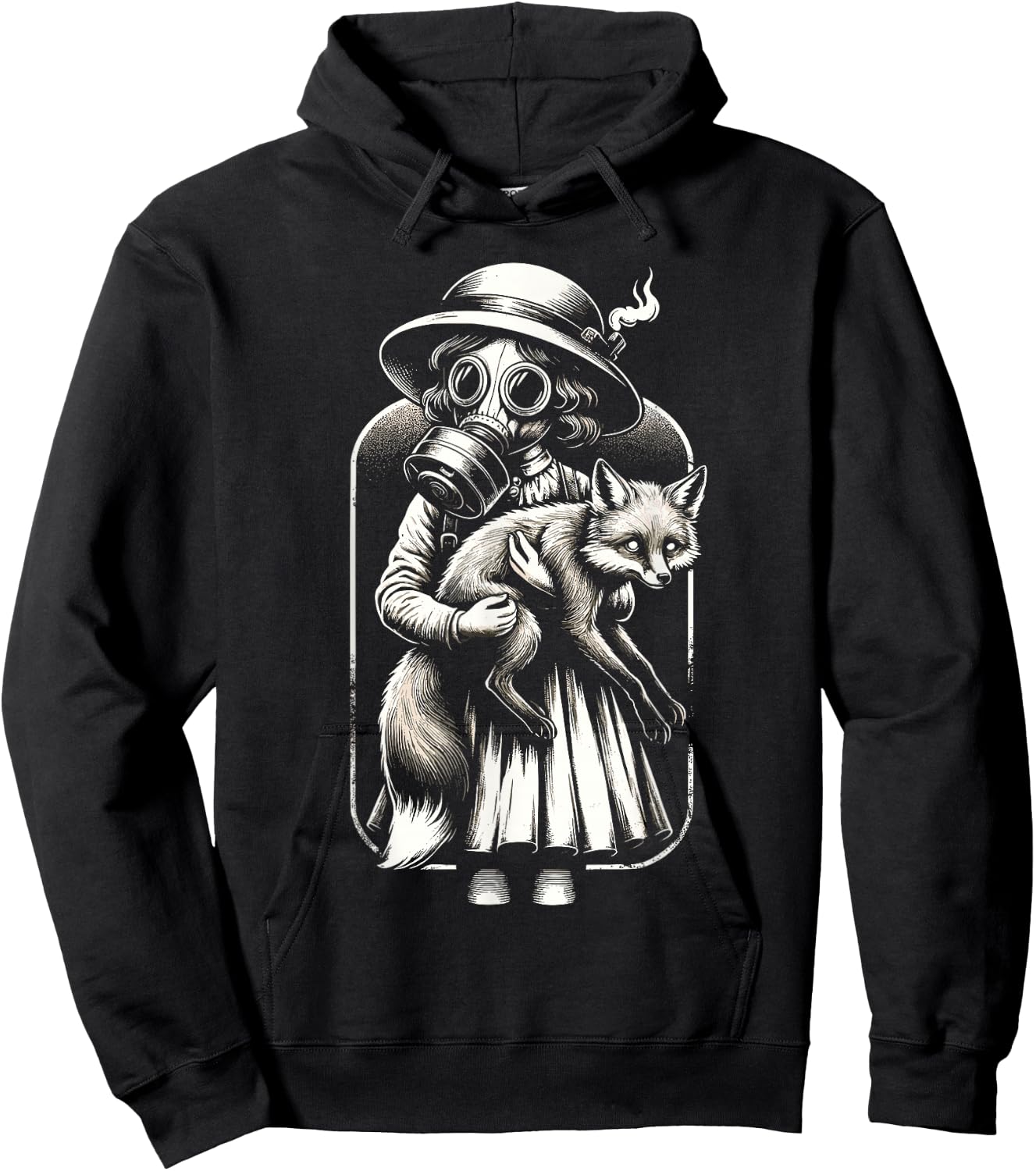 Creepy vintage girl wearing a gas mask and holding a fox Hoodie - Hoodie | Black
