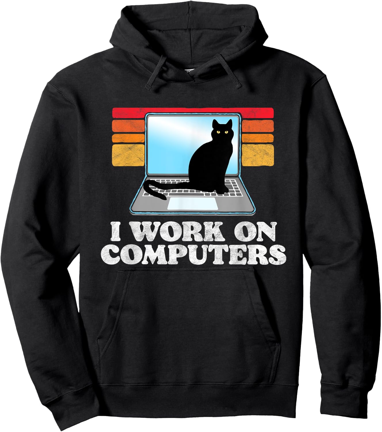 I Work On Computers Distracting Cat on Laptop Funny Retro Hoodie - Hoodie | Black