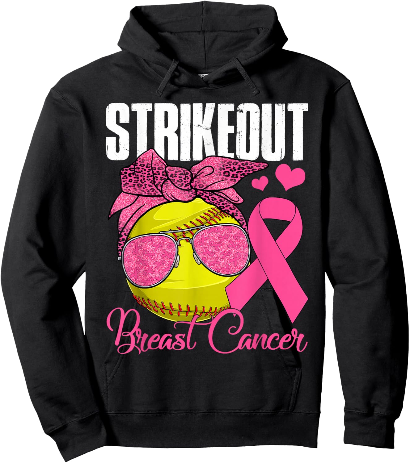 Strike Out Breast Cancer Softball Ball & Pink Ribbon Women Hoodie - Hoodie | Black