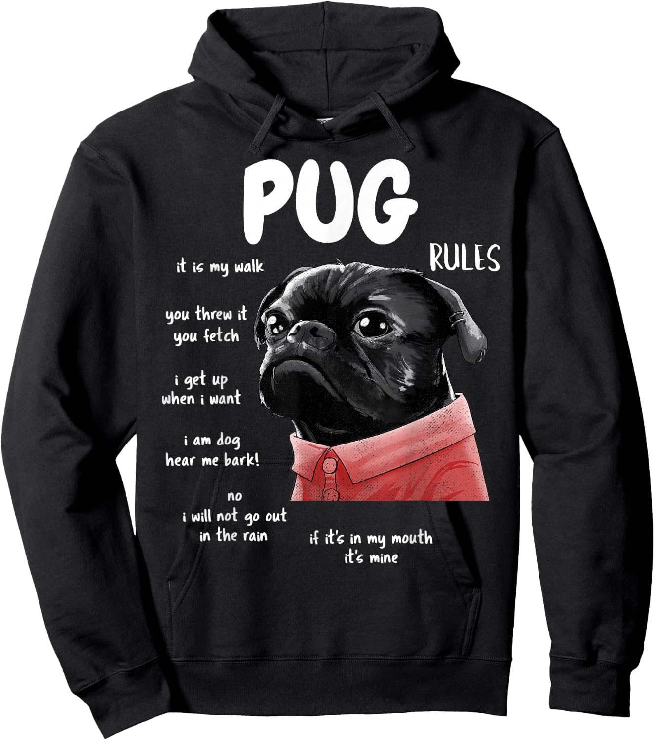 Cute Kawaii Funny Black Pug Dog Rules Gifts Men Women Kids Small Hoodie - Hoodie | Black