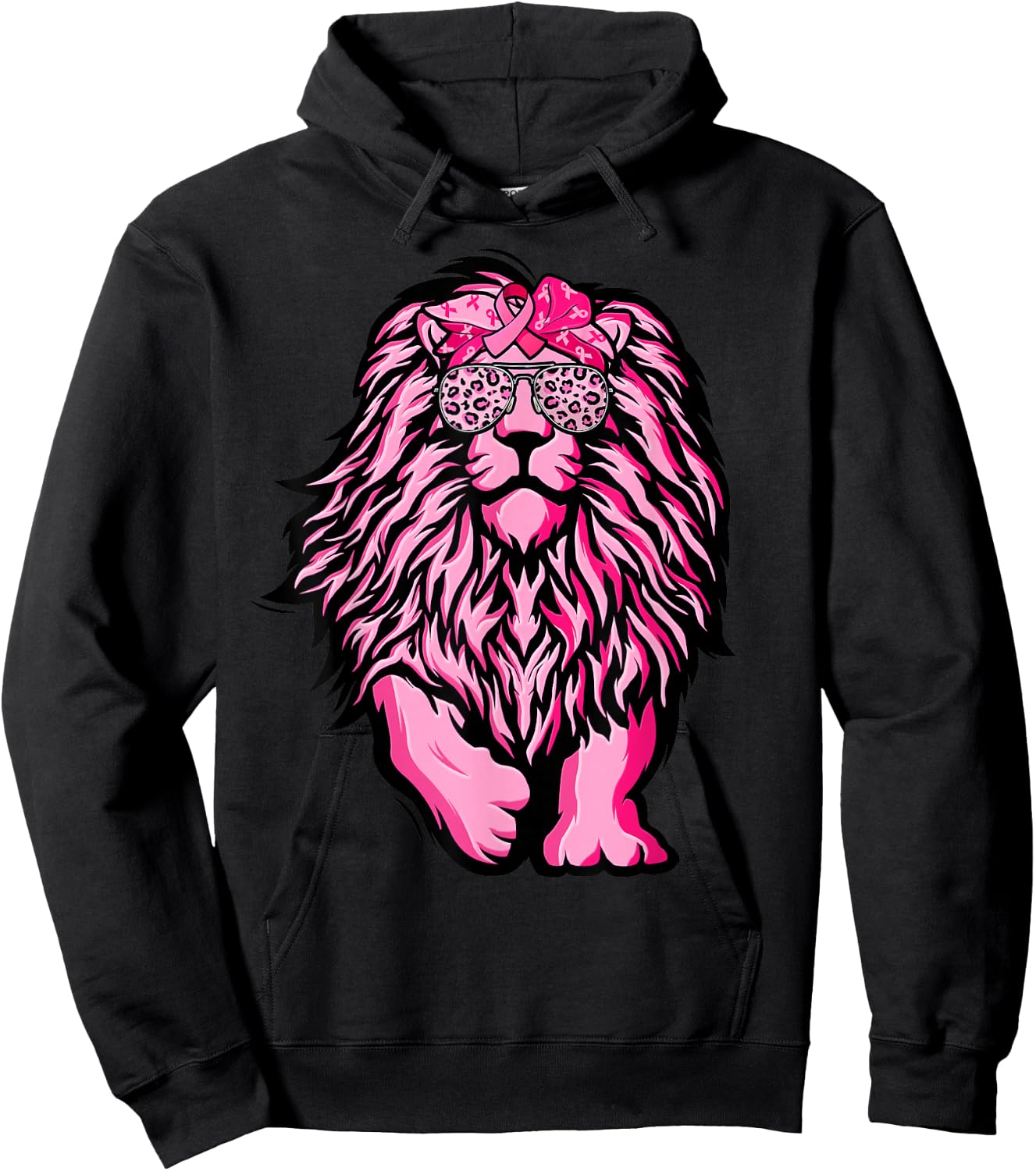 Lion Pink Bandana Ribbon Breast Cancer Awareness Warrior Hoodie - Hoodie | Black