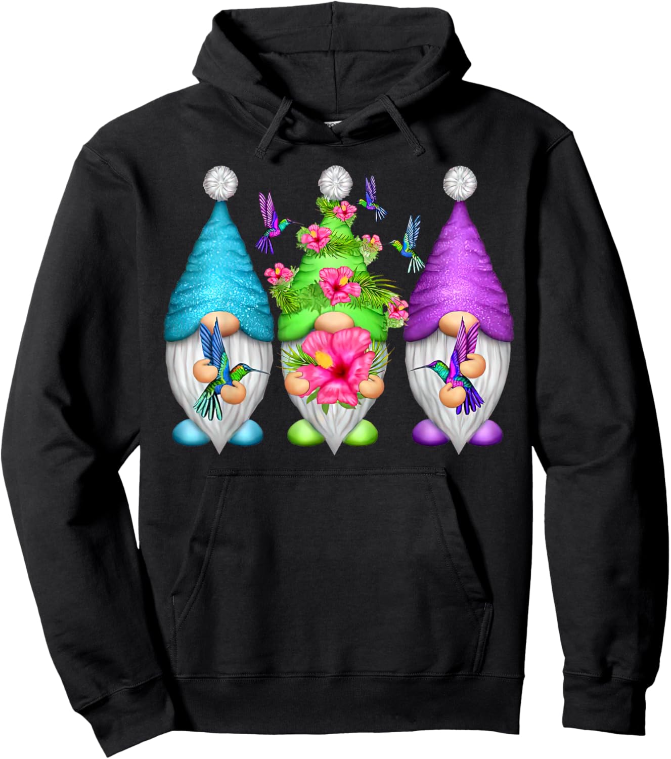 Cute Gnomes Hummingbirds Hibiscus Flower Bird Nature Lover Hoodie - Hoodie | Black