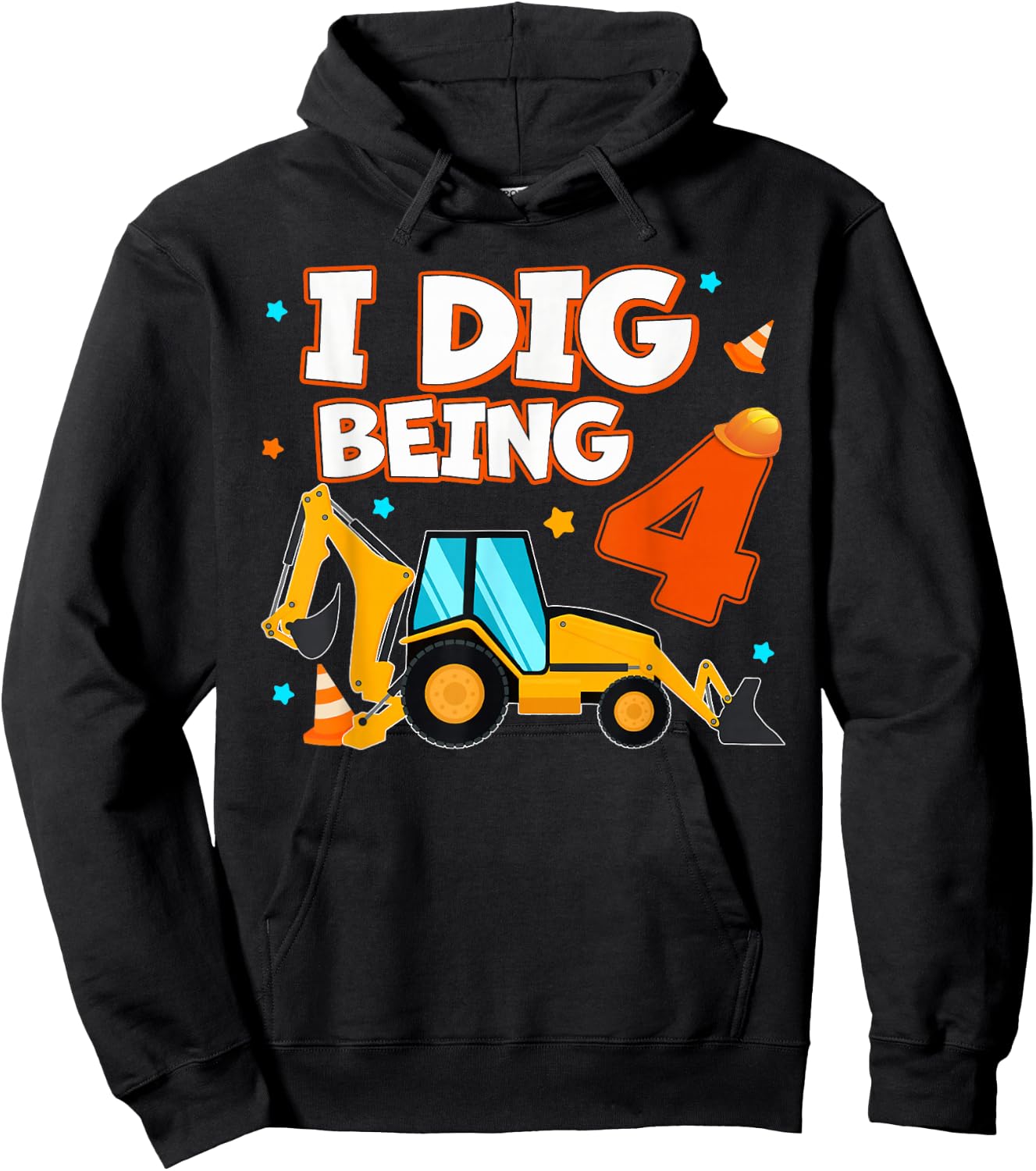 I Dig Being 4 Kids 4th Birthday Construction Digger Truck Hoodie - Hoodie | Black