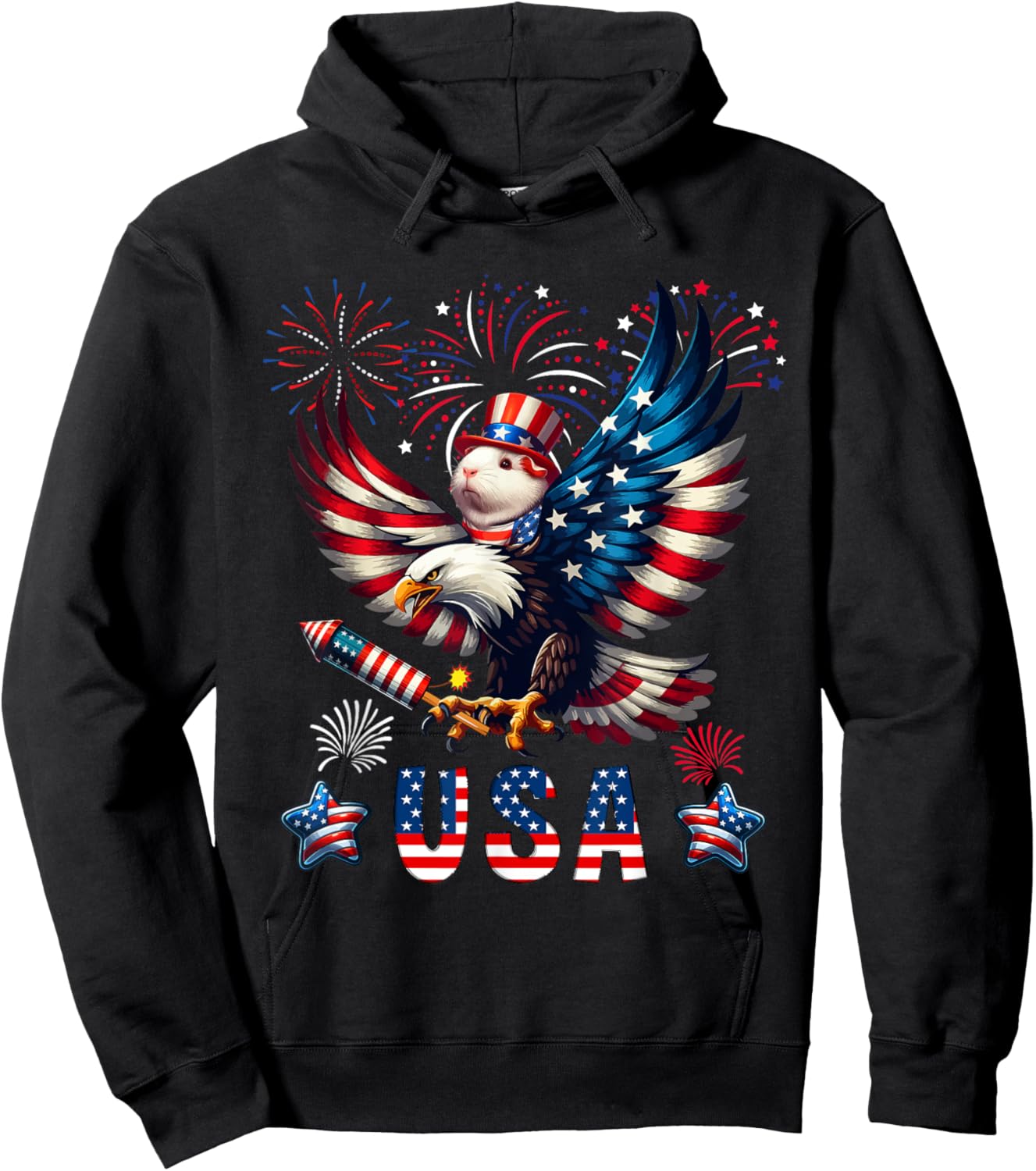 USA 4th Of July Guinea Pig Riding Eagle Fireworks Patriotic Kids Men Hoodie - Hoodie | Black