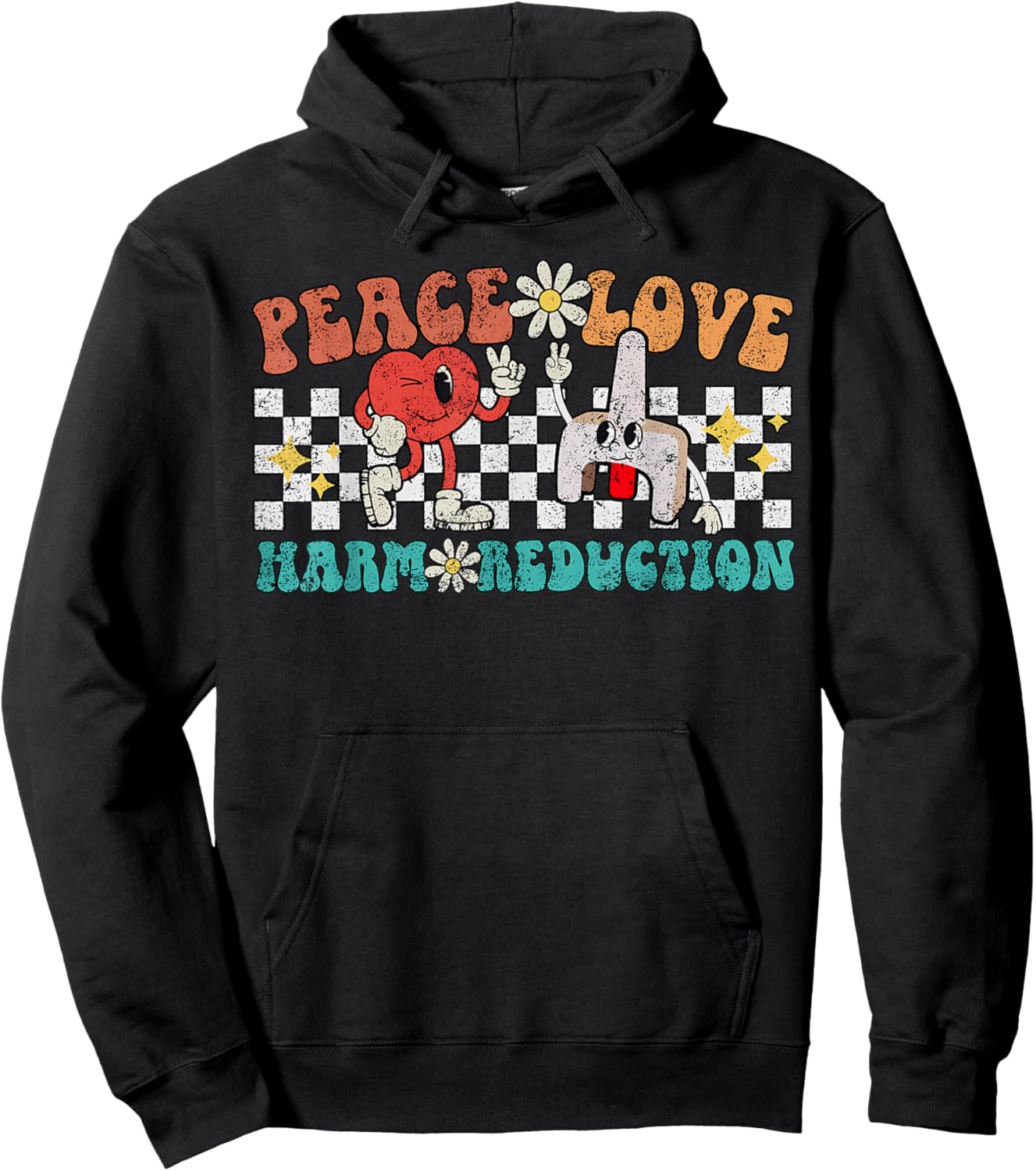 Retro Peace Love Harm Reduction Overdose Awareness Nurse Hoodie - Hoodie | Black
