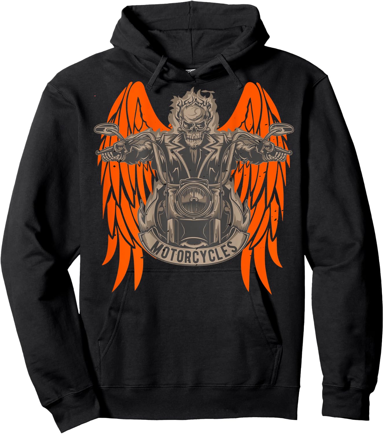 Motorcycle Rider Skeleton Angel Wings Distressed - on back Hoodie - Hoodie | Black