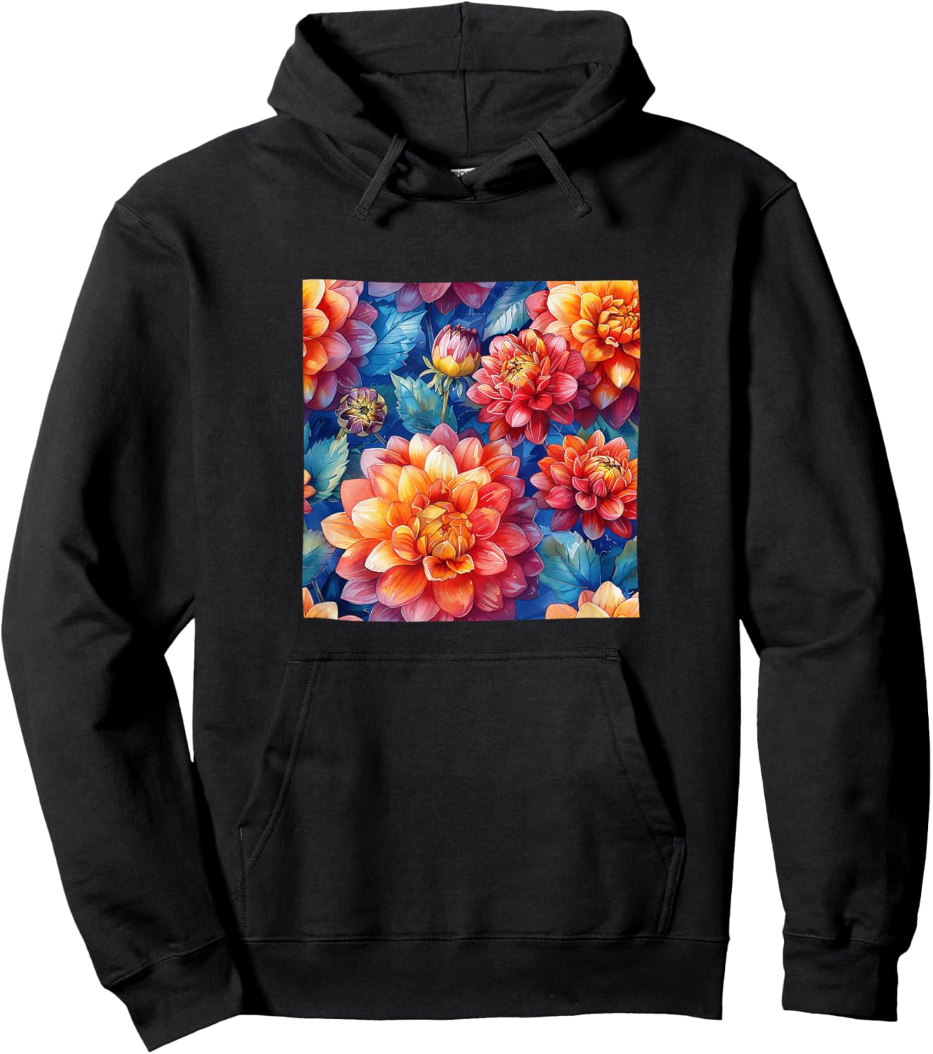 Dahlia Flower Watercolor Pattern Graphic Hoodie - Hoodie | Black