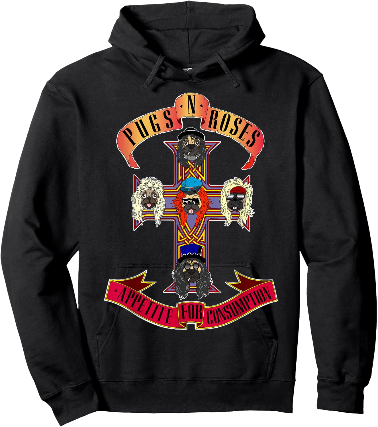 Pugs & Roses Funny Classic Rock And Roll Lover Pug Owner Hoodie - Hoodie | Black