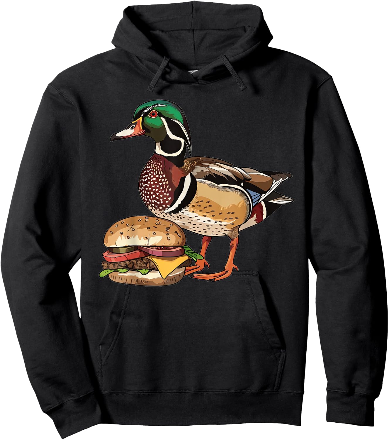Wood Duck Eating A Hamburger Hoodie - Hoodie | Black