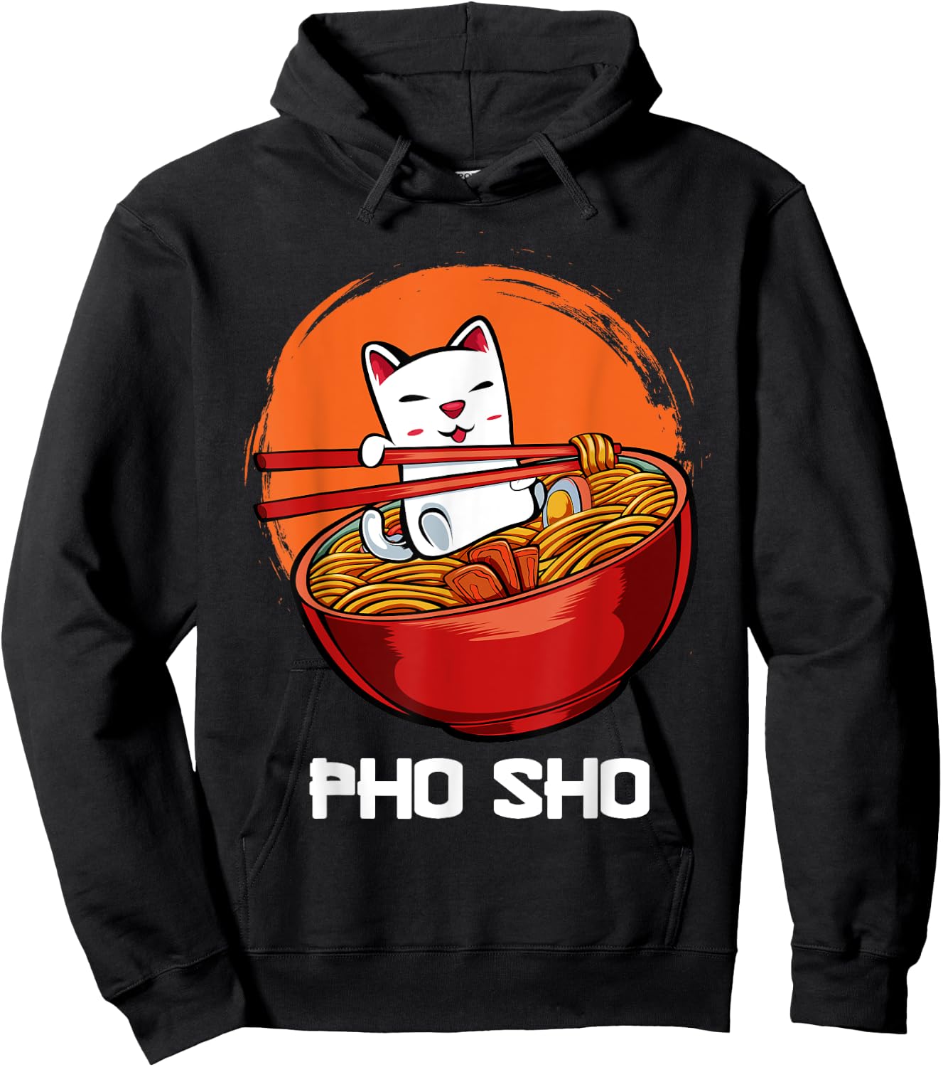 Pho Sho Pun Vietnamese Noodle Soup Bowl Kawaii Animated Cat Men Women Girls Kids Hoodie - Hoodie | Black