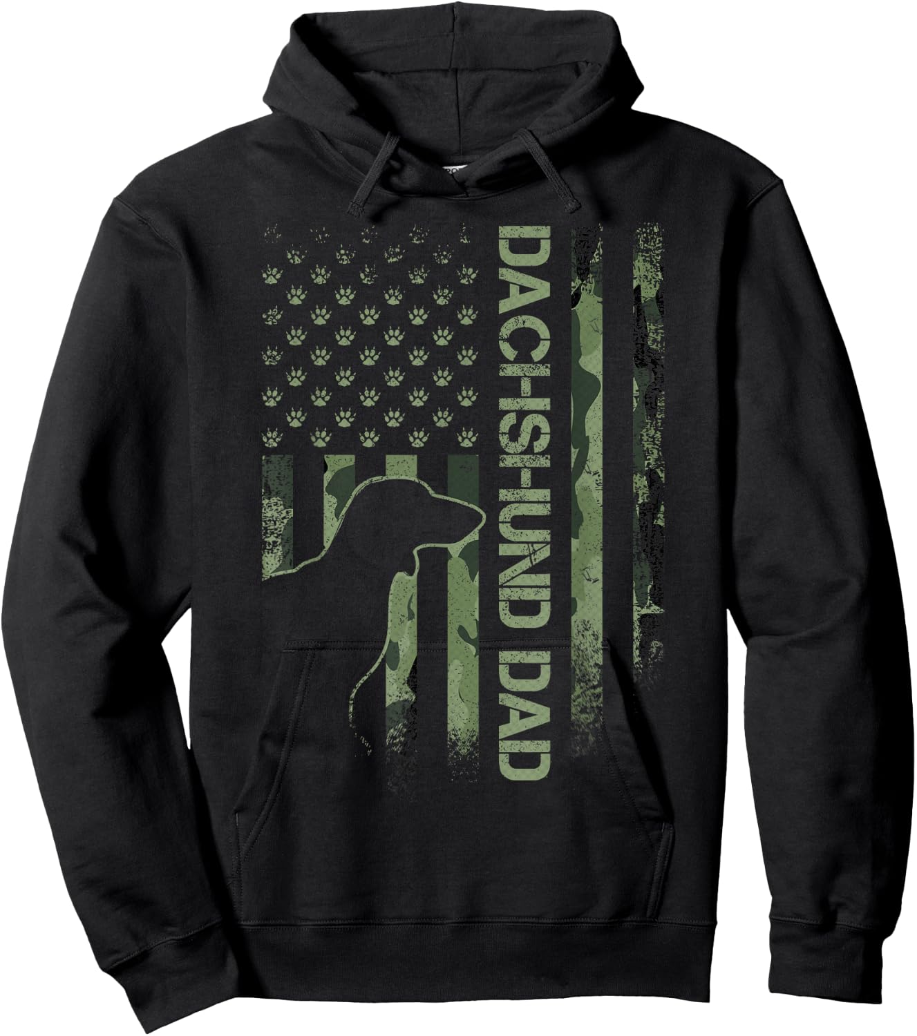 Vintage USA Camo Flag Proud Dachshund Dad Wiener Silhouette Hoodie - Hoodie | Black