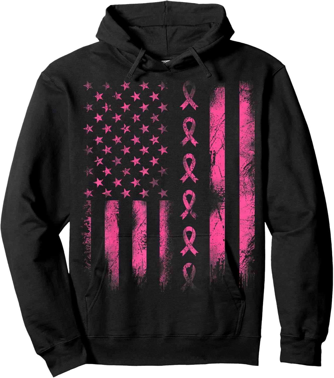 Breast Cancer Awareness - Pink Ribbon American Flag Women Kids Men Hoodie - Hoodie | Black