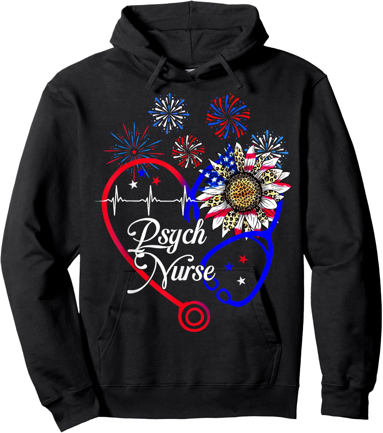 Patriotic American Psych Nurse Sunflower 4th Of July Nursing Hoodie - Hoodie | Black