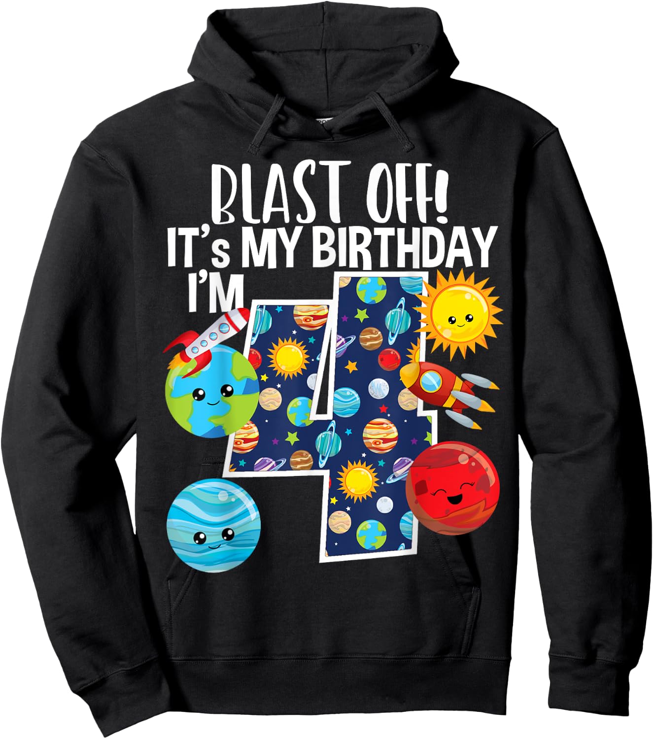 Space Planets Funny Solar Space 4th Birthday Party 4 Yrs Old Hoodie - Hoodie | Black