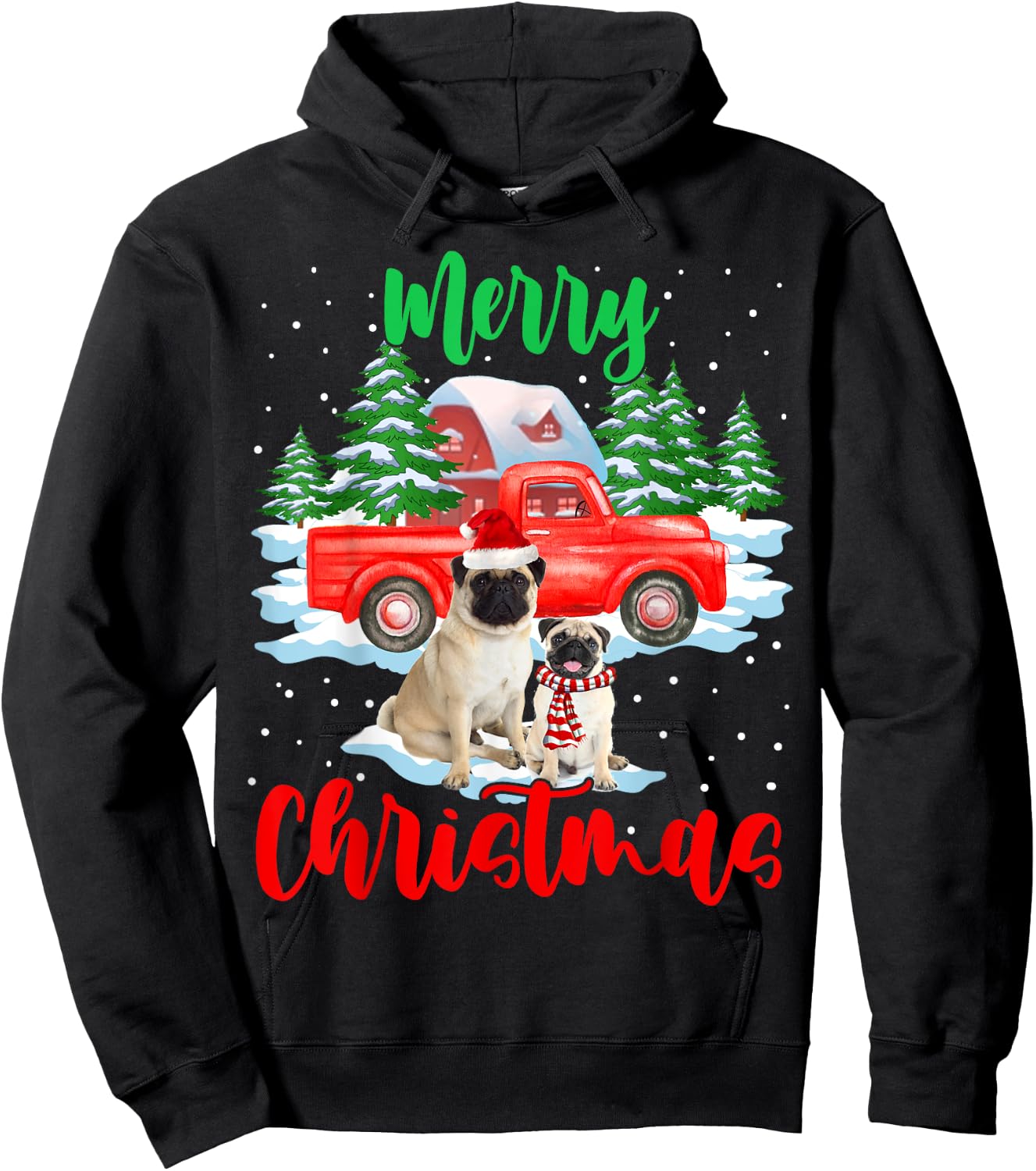 Merry Christmas Santa Pug And Truck Dog Gift Women Kids Hoodie - Hoodie | Black