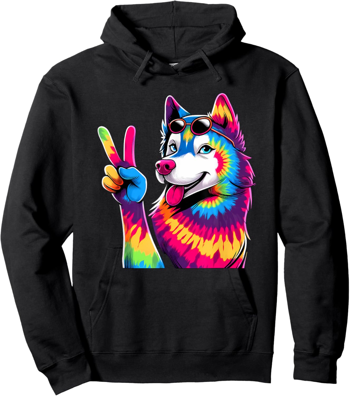 Peace Sign Tie Dye Husky dog Men Women Kids Hoodie - Hoodie | Black
