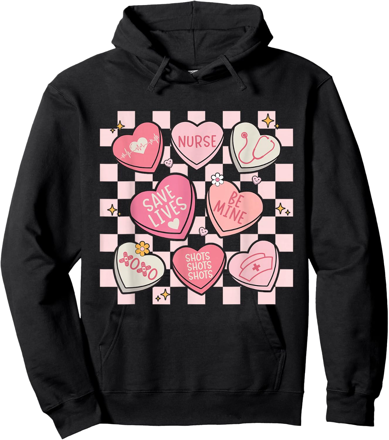 Women Valentines Nurse Hearts Candy Valentine Nursing Hoodie - Hoodie | Black