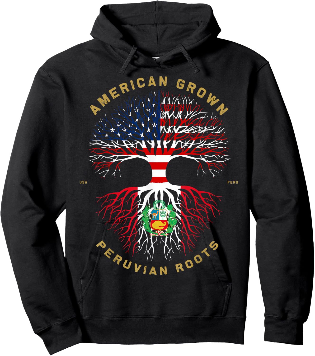 American Grown with Peruvian Roots Tree USA Flag Gifts Hoodie - Hoodie | Black