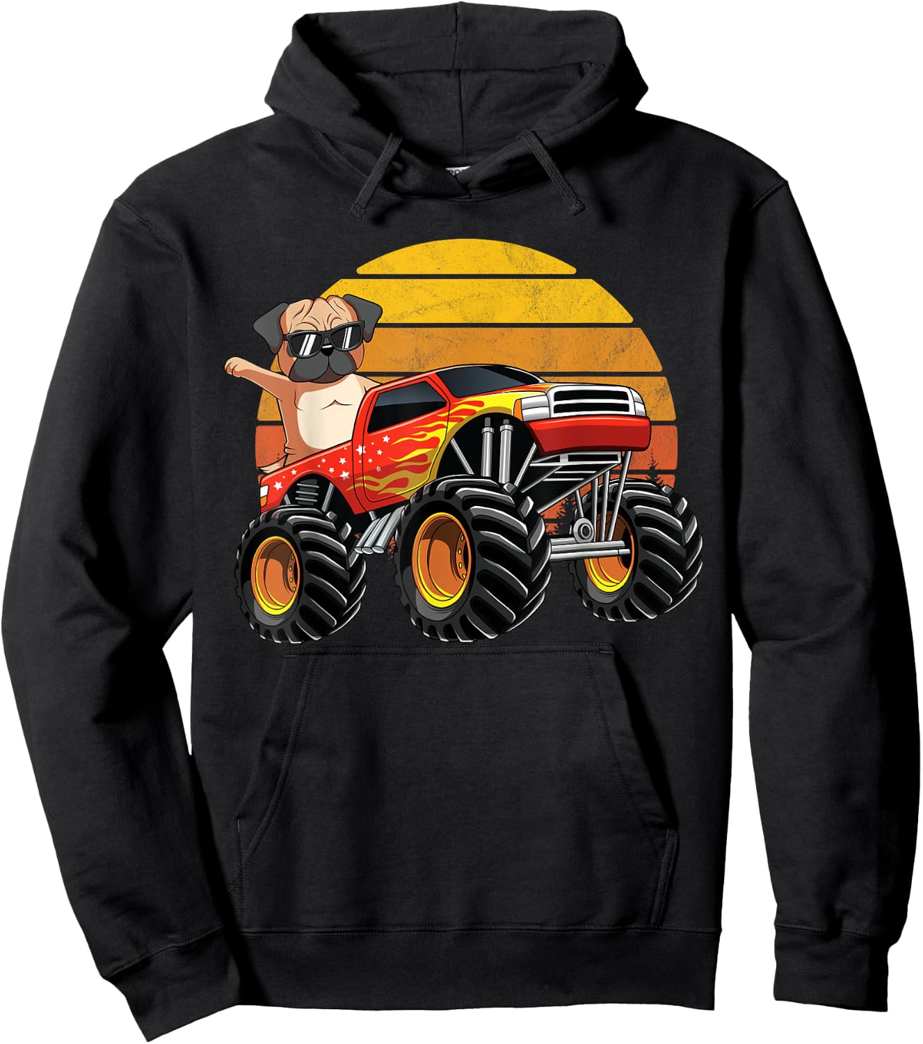 Vintage Monster Truck Pug Dog Retro Sunset Boys Hoodie - Hoodie | Black