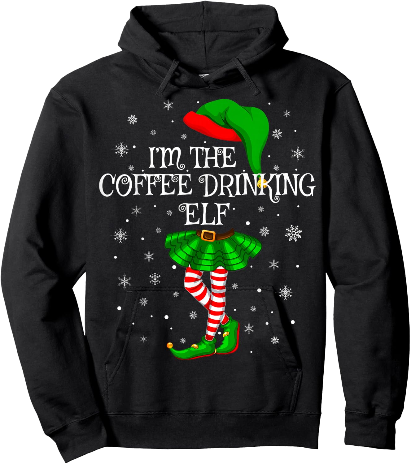 Coffee Drinking Elf Christmas Matching Family Women Girl Elf Hoodie - Hoodie | Black