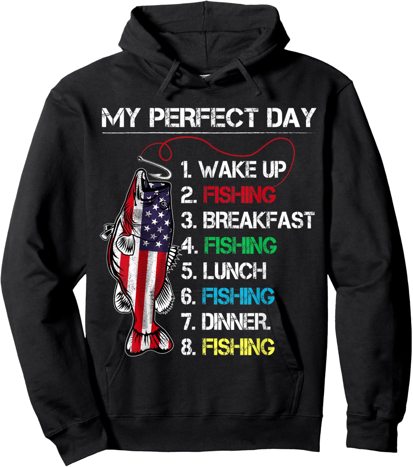 My Perfect Day Fishing Gift Fishermen American Flag Vintage Hoodie - Hoodie | Black