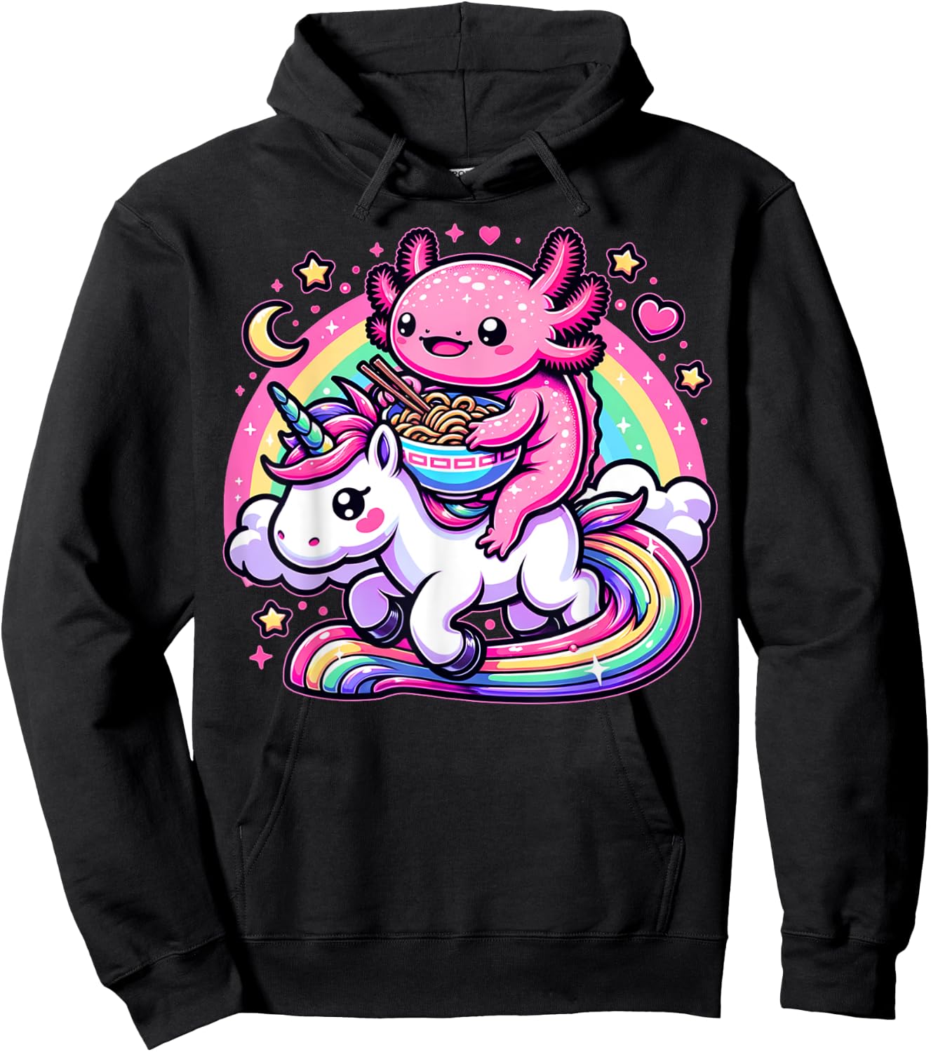 Anime Kawaii Axolotl Eating Ramen Noodles Kids Teen Girl Boy Hoodie - Hoodie | Black