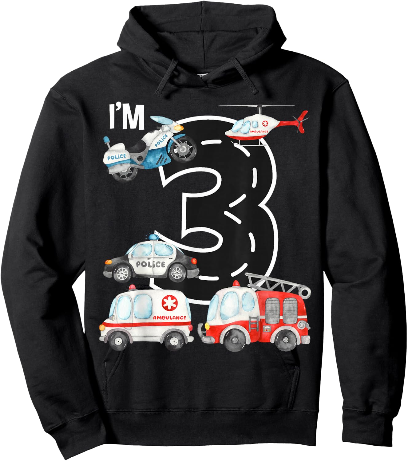 Emergency Vehicles 3rd Birthday Fire Truck Police Car Boys Hoodie - Hoodie | Black