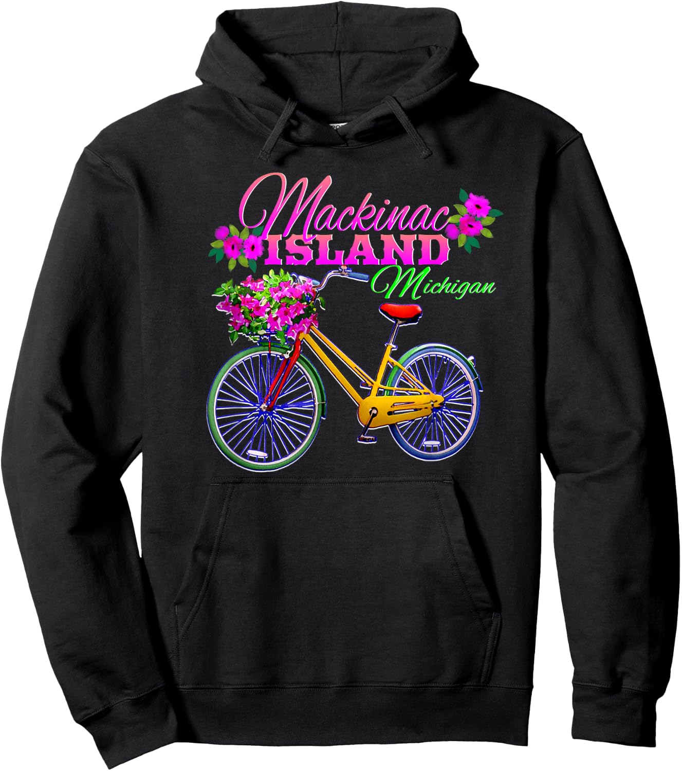 Mackinac Island Michigan Gift Vintage Bike Flowers Hoodie - Hoodie | Black