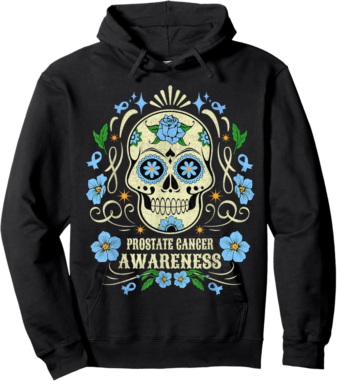 Skull Flower Prostate Cancer Awareness Retro Blue Ribbon Hoodie - Hoodie | Black