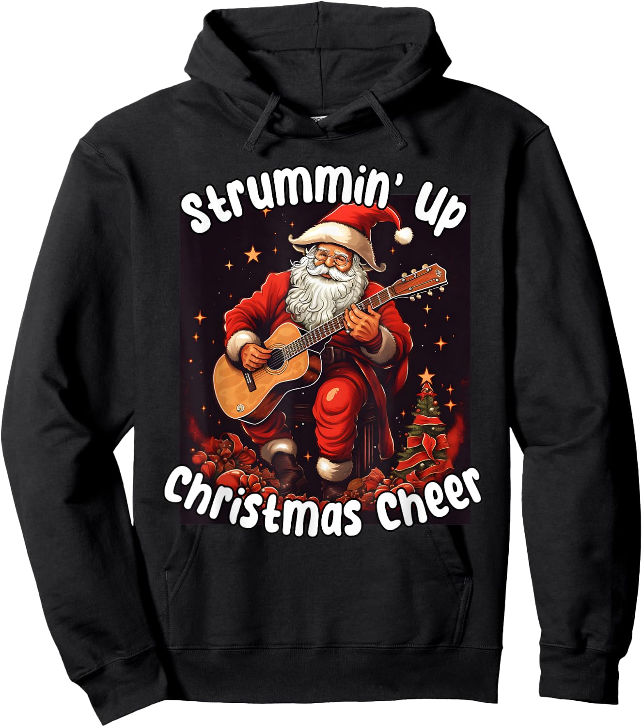 Santa Playing Acoustic Guitar - Strummin Up Christmas Cheer Hoodie - Hoodie | Black