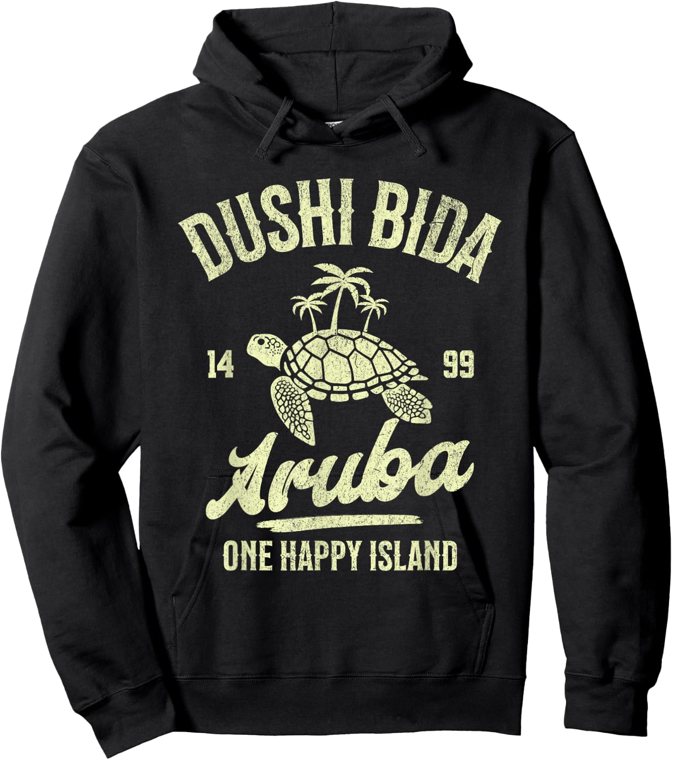 One Happy Island Aruba Cool Palm Turtle Dushi Bida Vintage Hoodie - Hoodie | Black