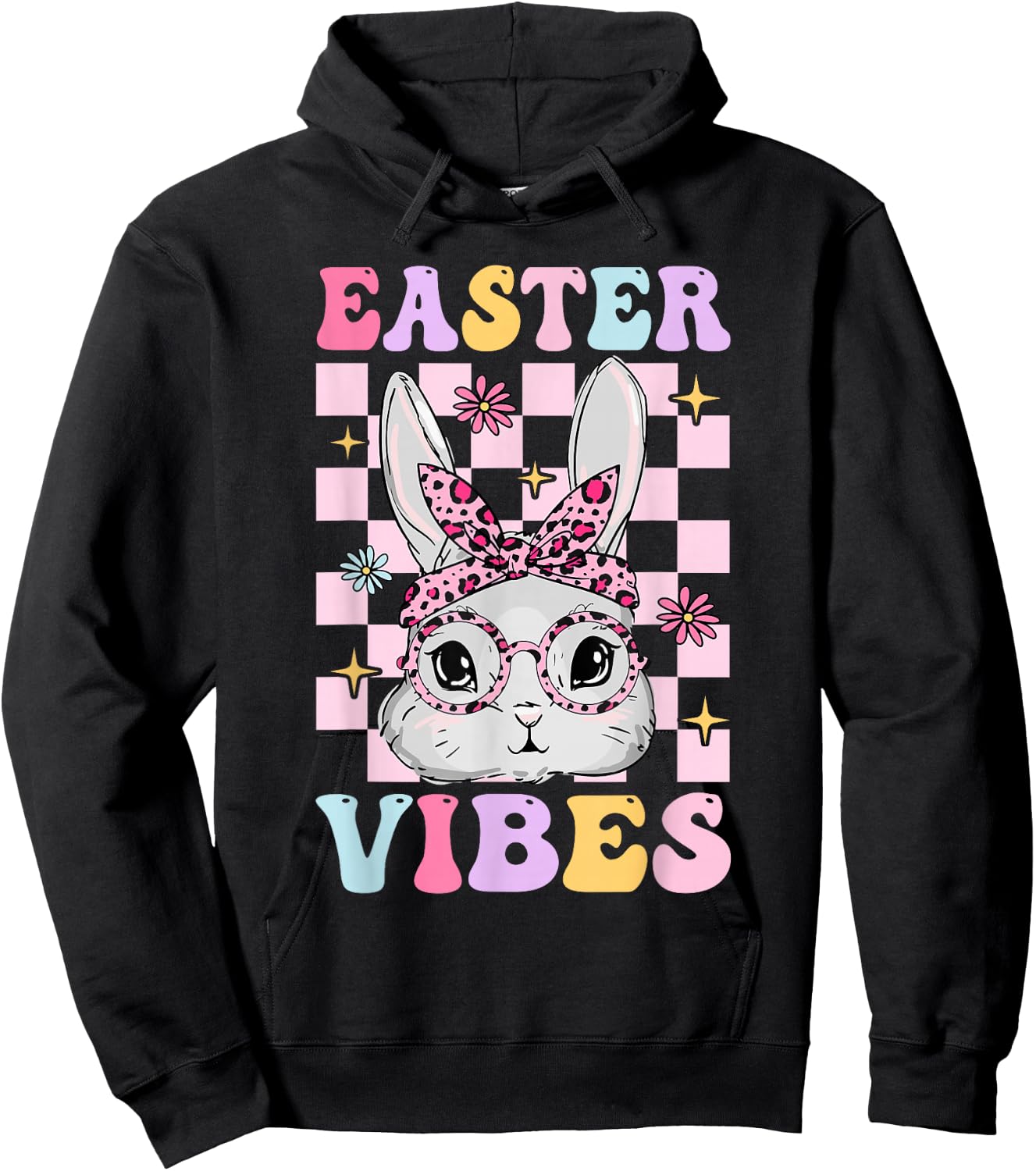 Retro Groovy Easter Vibes Bunny Checkered For Girls Hoodie - Hoodie | Black