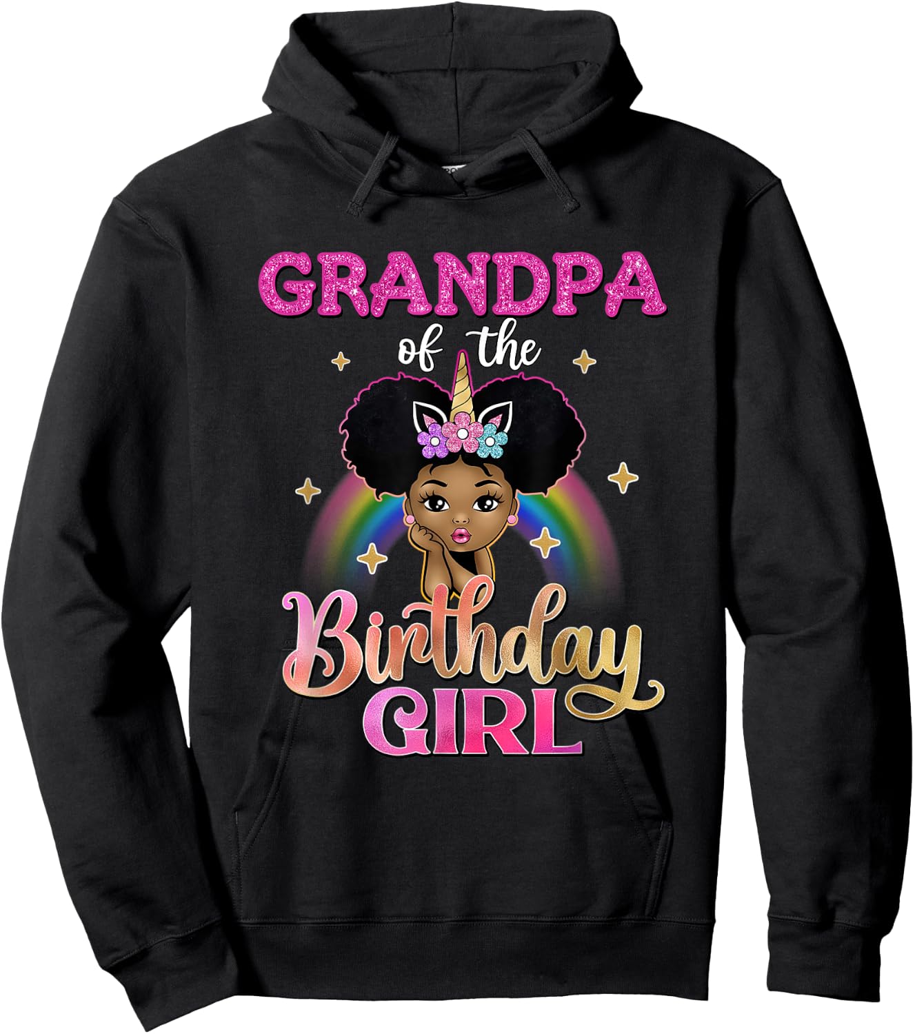 Grandpa of The Birthday Girl Princess Afro Melanin Unicorn Hoodie - Hoodie | Black