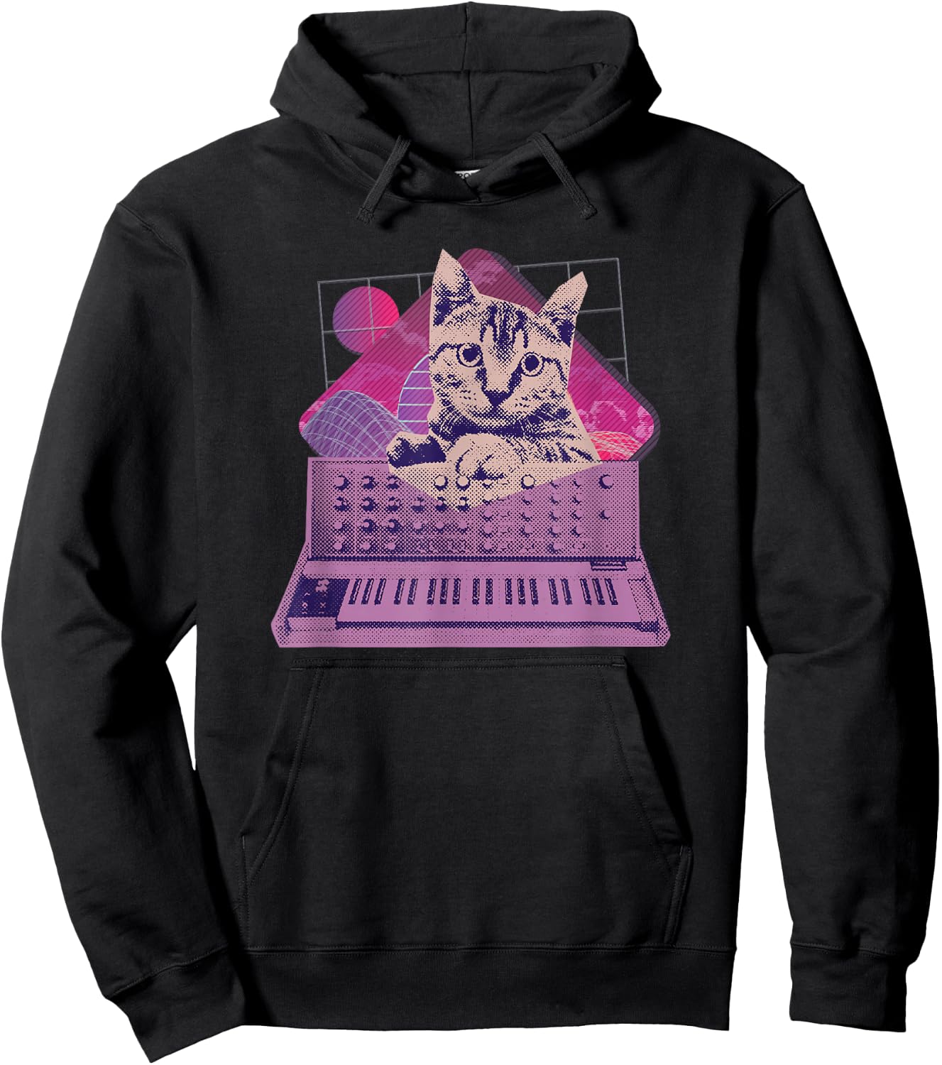 Retro Synthesizer Cat Vaporwave Aesthetic Analog Hoodie - Hoodie | Black