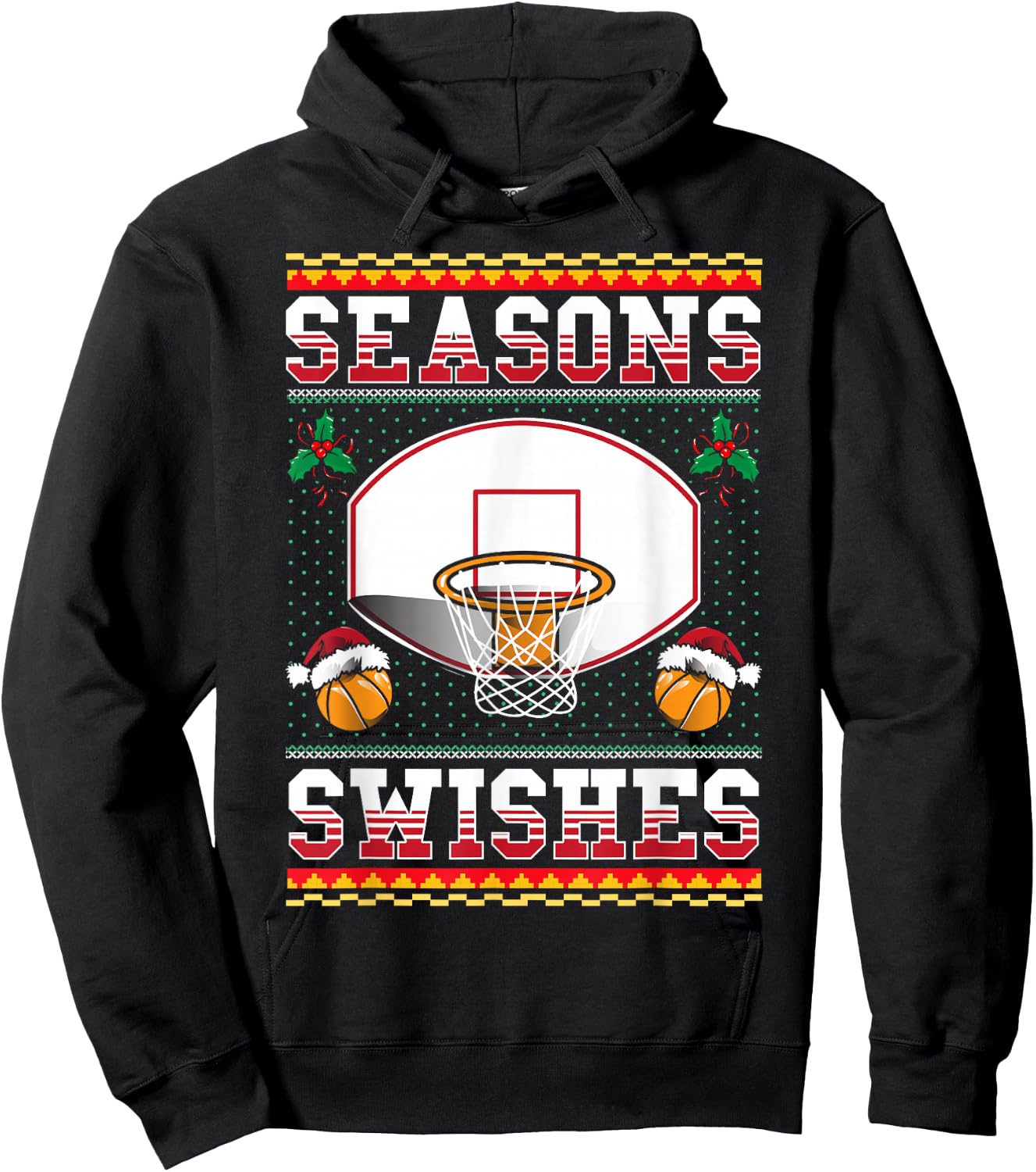 Basketball Seasons Swishes Ugly Christmas Pattern Sports Hoodie - Hoodie | Black