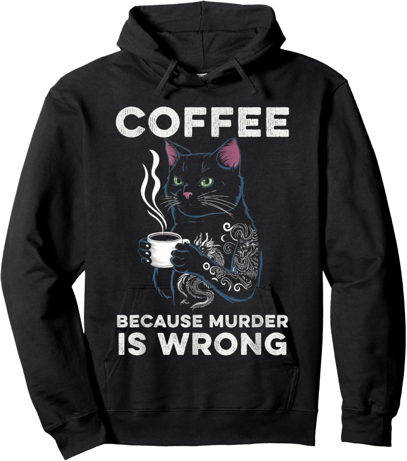 Black Cat Drinking Coffee Because Murder Is Wrong Retro Women Hoodie - Hoodie | Black