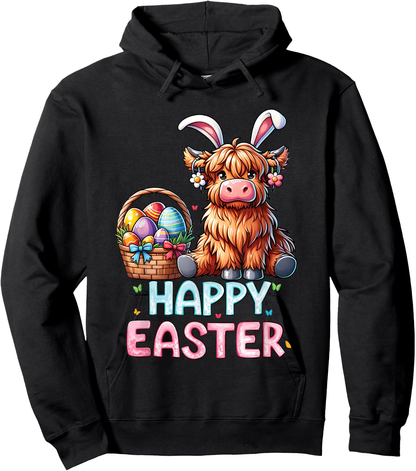 Happy Easter Day Highland Cow Cute Easter Bunny Women Kids Hoodie - Hoodie | Black