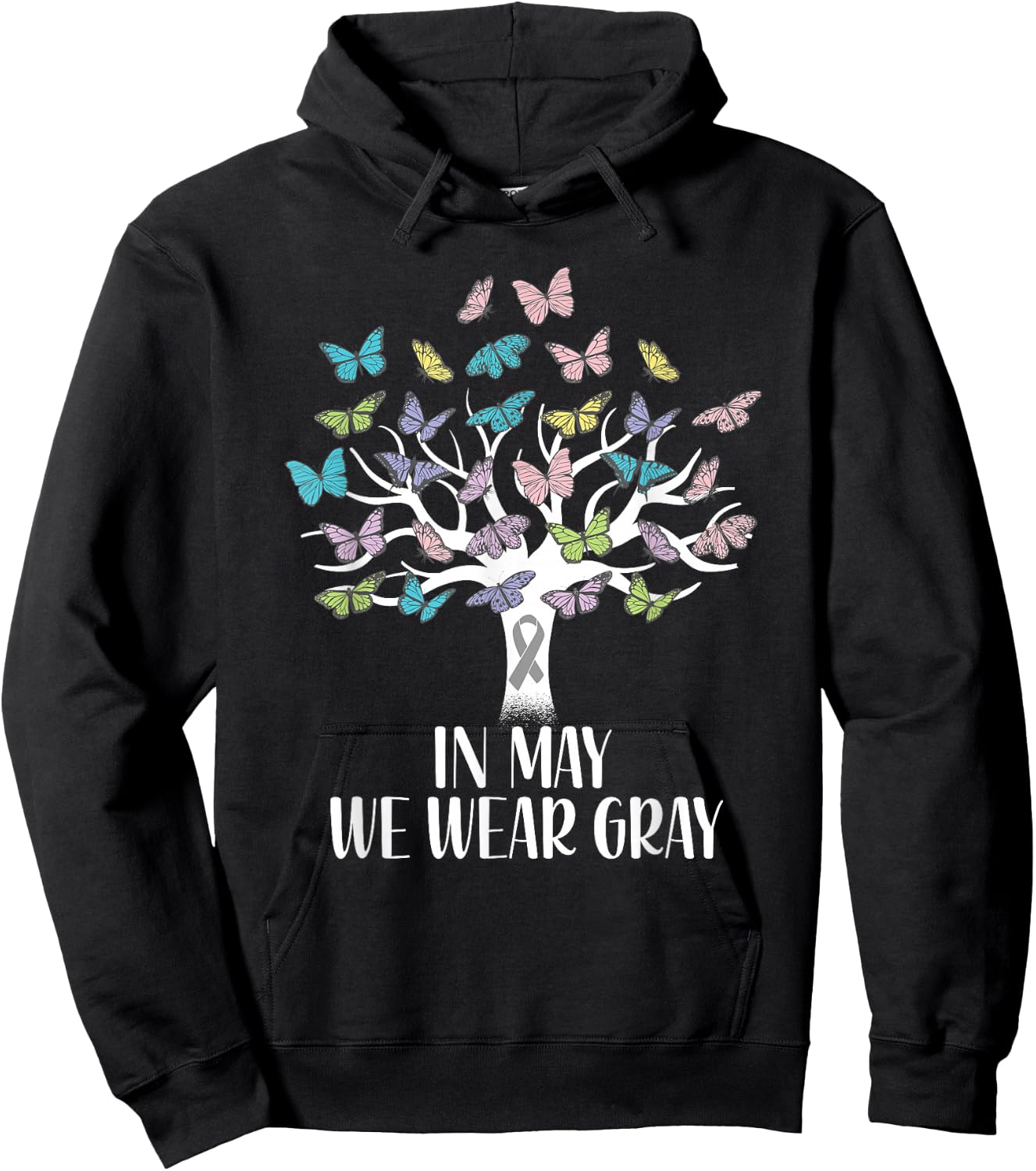 In May We Wear Gray Brain Cancer Awareness Butterfly Tree Hoodie - Hoodie | Black