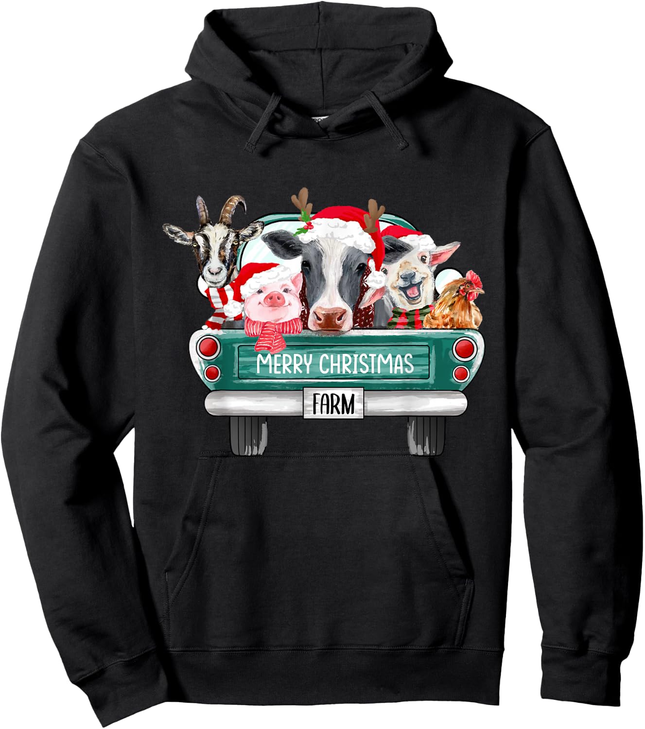 Christmas Farm Animals Truck Santa Hat Family Pajamas Xmas Hoodie - Hoodie | Black