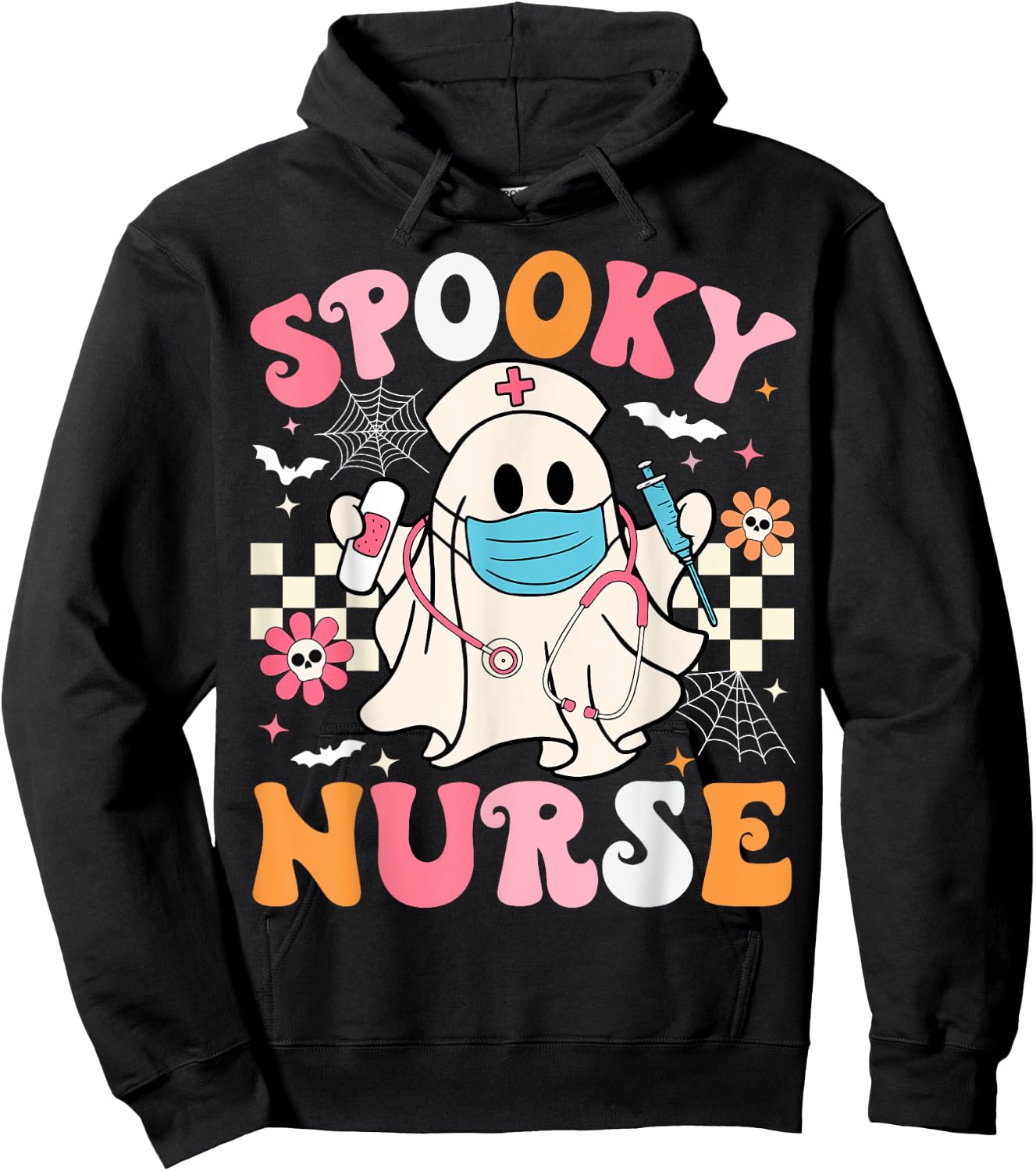 Spooky Nurse Ghost Halloween Cute Groovy Nursing Halloween Hoodie - Hoodie | Black