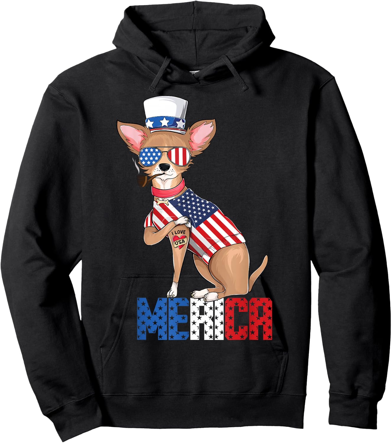 Chihuahua dog Merica 4th of july usa american flag men women Hoodie - Hoodie | Black