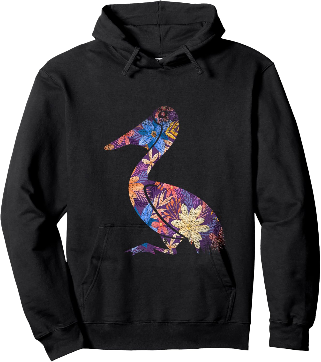 Water Bird Design Pelican Beak Floral Pelican - -Adults - Black - Small - Short Sleeve - Classic Fit - Cotton 65%, Polyester 35% Hoodie - Hoodie | Black