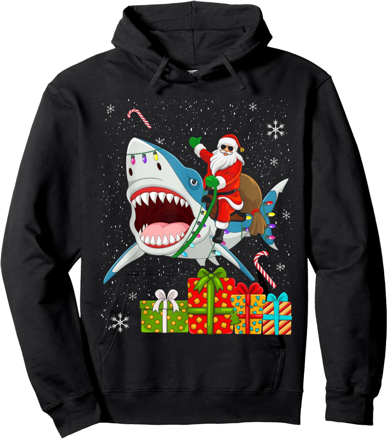 Santa Riding Shark Christmas Pajama Cute Ocean Animal X-Mas Hoodie - Hoodie | Black